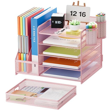 Marbrasse Desk Organizer with File Holder, 5 Compartments, Paper and Letter Tray, with Drawer and 2 Pen Holders, Mesh, Storage with Magazine Rack for Office Supplies, Pink