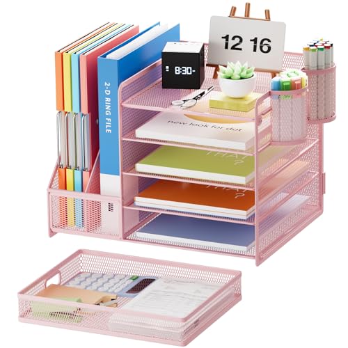 Marbrasse Desk Organizer with File Holder, 5 Compartments, Paper and Letter Tray, with Drawer and 2 Pen Holders, Mesh, Storage with Magazine Rack for Office Supplies, Pink