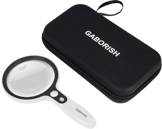 Large magnifying glass with 37 LED light and storage case, 10X 20X 45X reading magnifier handheld magnifier with 3 light modes, storage pouch, cleaning cloth for seniors, reading coins, inspection, hobbies.