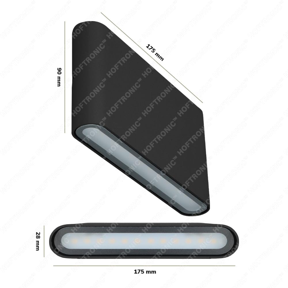 HOFTRONIC - Dimmable LED Wall Light Outdoor Indoor Dallas M Black 12W 3000K Warm White Up Down Spotlight IP54 Waterproof Aluminum. Outdoor light fixture for bathroom, garden, living room wall lamps.