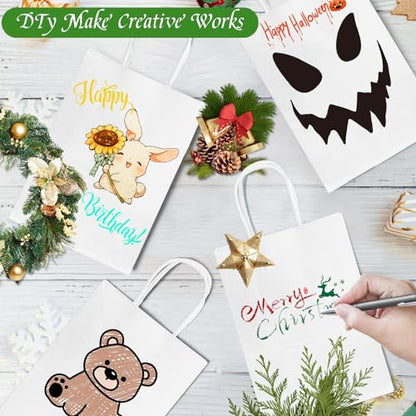 Gucass 50 pieces Medium Paper Bags with Handle, White Kraft Paper Gift Bags, 21x11x27cm Paper Carrier Bag, Gift Bags for Packaging Shopping Birthday Parties Wedding Christmas.