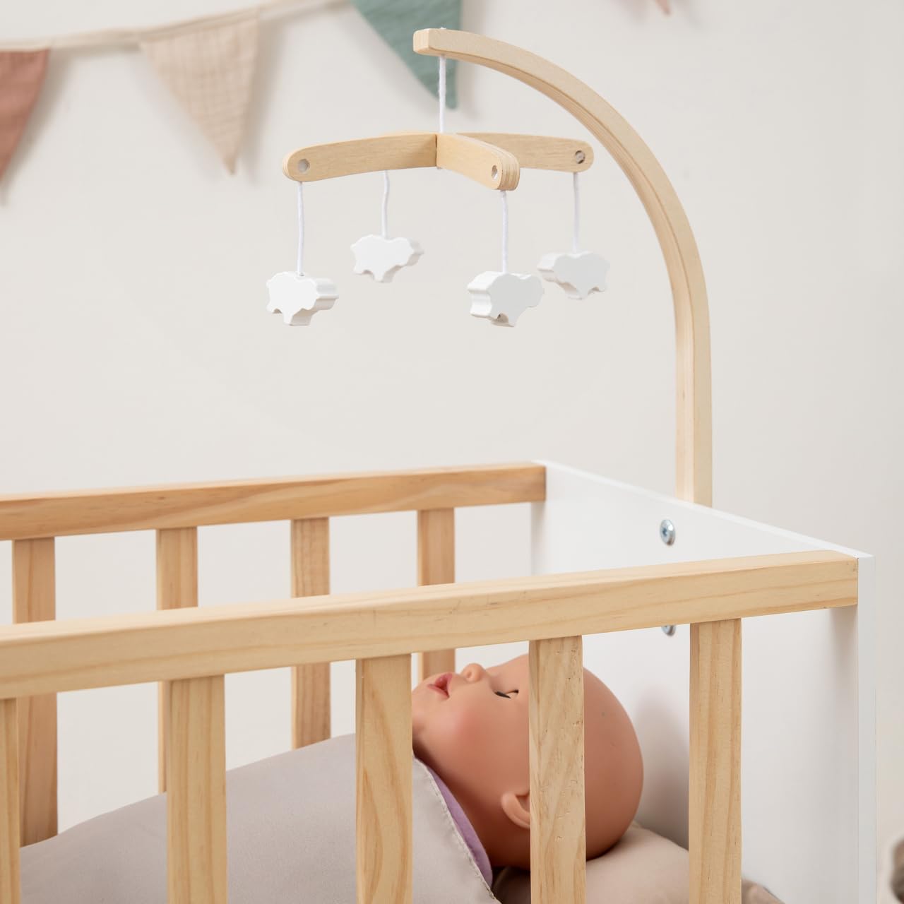 ELLA & PIET® Doll Bed Cozy with Wardrobe and Mobile made of Wood (White-Mud)
