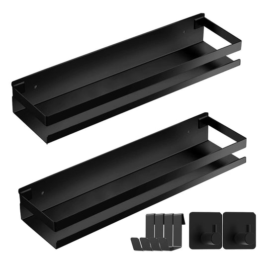 Kallrra Shower Caddy without Drilling 2 Pack Shower Shelf Black without Drilling, Φ30cm Bathroom Shelf/Organizer, Bathroom Caddy without Drilling with 6 Hooks, Shower Basket for Shampoo and Shower Gel