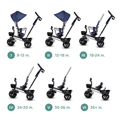 Children's trike 6 in 1 AVEO, kids tricycle, jogger with accessories, foldable, sunroof, handlebars, puncture-proof wheels, rubber wheels, from 9 months to 5 years, accessories, navy blue