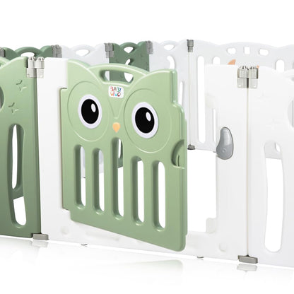 Baby Vivo Playpen Play Yard Foldable Baby Playpen Crawl Gate Safety Gate for Kids made of plastic with door and toys 14 elements in Green - Owl