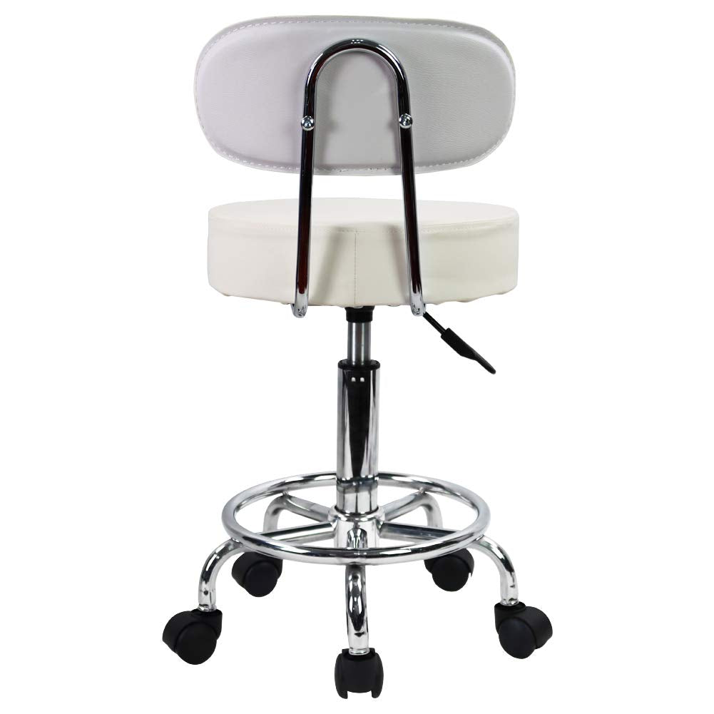 KKTONER Rolling Stool Office Chair, height adjustable, swivel stool with low backrest and footrest, made of white PU leather.