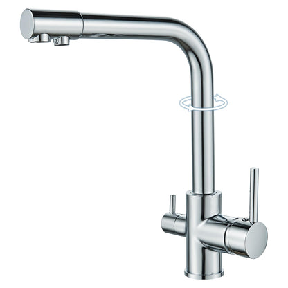 ROVOGO Kitchen Faucet 3 Way Water Filter Mixer Tap, Kitchen Tap for Hot, Cold and Drinking Water, 360° Rotatable Sink Faucet Stainless Steel with Double Lever and 3 Hoses, Chrome