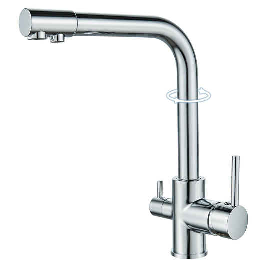 ROVOGO Kitchen Faucet 3 Way Water Filter Mixer Tap, Kitchen Tap for Hot, Cold and Drinking Water, 360° Rotatable Sink Faucet Stainless Steel with Double Lever and 3 Hoses, Chrome