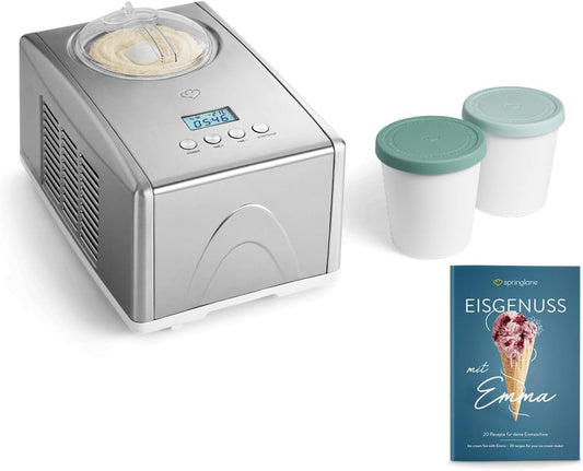 SPRINGLANE Ice Cream Maker Emma 1.5 L with self-cooling compressor 150 W, made of stainless steel with removable ice container, incl. recipe booklet (Silver, Ice Cream Maker + 2 Storage Containers Mint)
