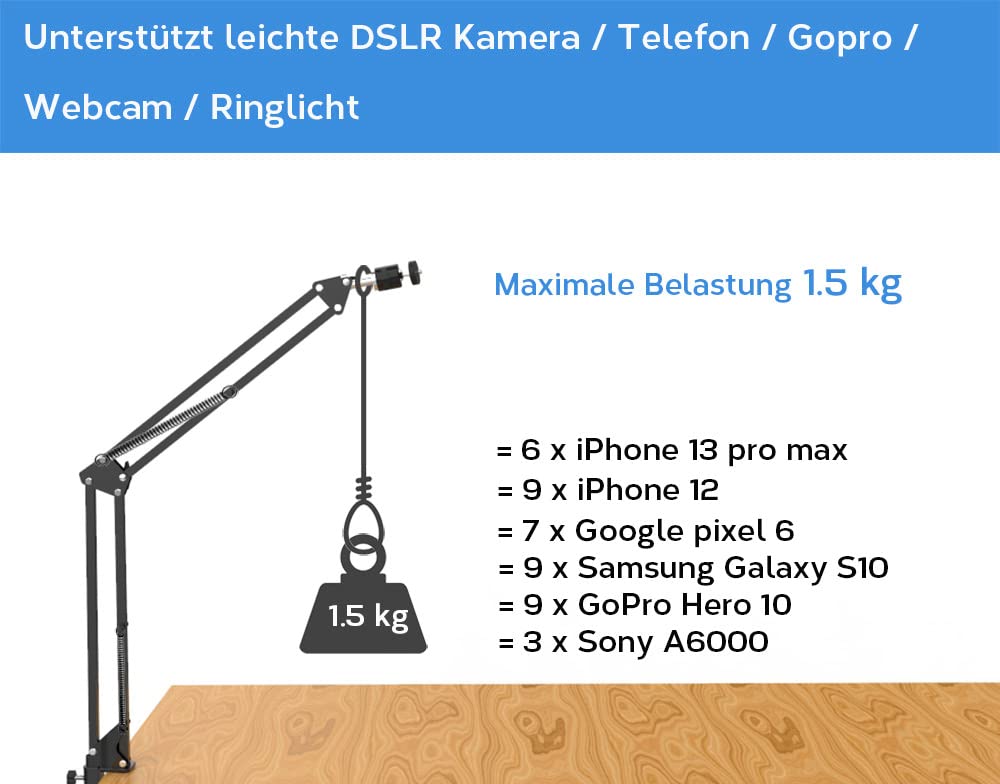 Overhead stand for camera webcam ring light, flexible overhead arm for iPhone with phone holder, table stand accessory for phone video recording live stream.