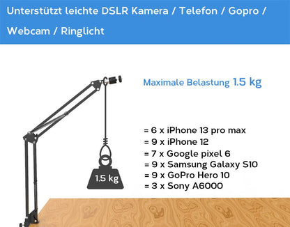 Overhead stand for camera webcam ring light, flexible overhead arm for iPhone with phone holder, table stand accessory for phone video recording live stream.