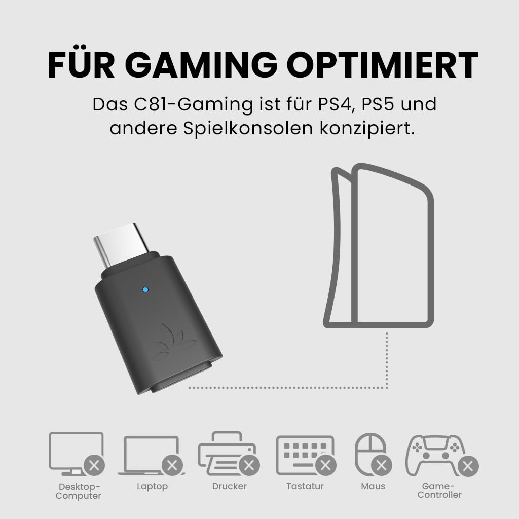 Avantree C81-Gaming - USB-C Bluetooth 5.3 audio adapter for PS5, Qualcomm chip, aptX Adaptive & HD, premium sound, compatible with AirPods, Bose headphones & more.