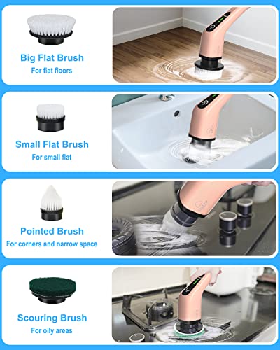 Electric cleaning brush, Electric Spin Scrubber cordless with 8 interchangeable drilling brush heads, tub and floor tile mop set with 137cm adjustable handle for bathroom kitchen car floor (White)