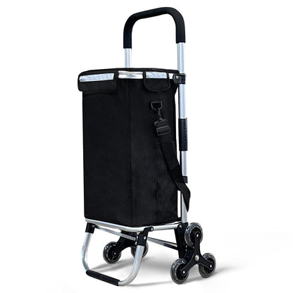 VOUNOT Aluminum Shopping Cart Stair Climber, Foldable Trolley Cart with 6 Wheels and Cooler Compartment, Waterproof, 58L, Black