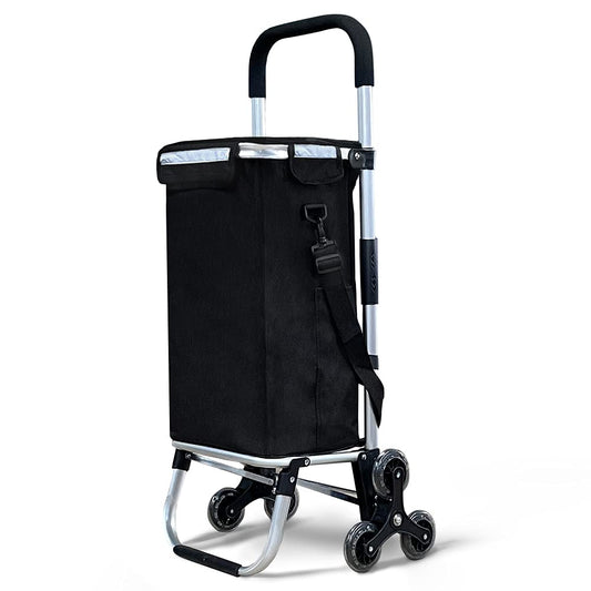 VOUNOT Aluminum Shopping Cart Stair Climber, Foldable Trolley Cart with 6 Wheels and Cooler Compartment, Waterproof, 58L, Black