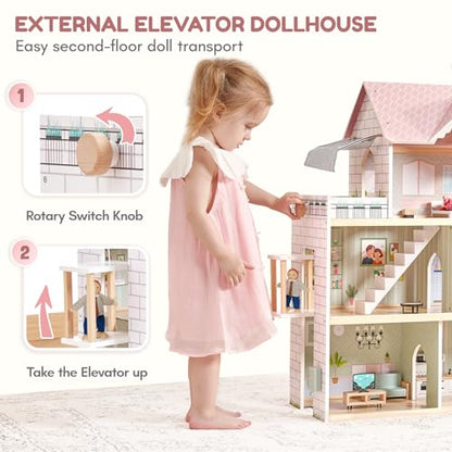 Giant wooden dollhouse, 80cm tall, with elevator, doorbell, lights, 15 furniture pieces, and 3 dolls. Toy gift for girls ages 3+.