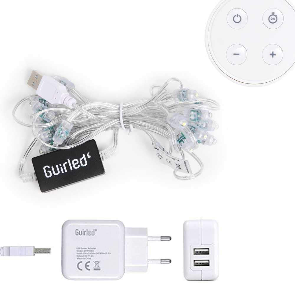 GuirLED - LED Cotton Ball String Lights USB - Wireless Remote Control - Baby Night Light 2h - Dual USB 2A Adapter Included - 4 Brightness Levels - 16 Balls 1.6m - Provence