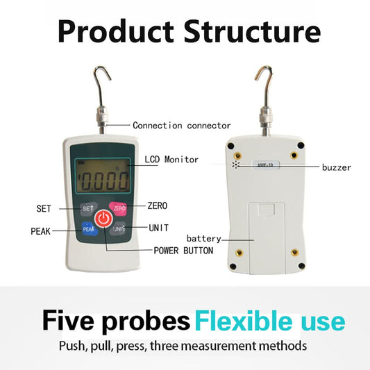AMF 500N Digital Force Gauge, Portable Push-Pull Testing Device, Digital Force Meter with 3 modes and 4 pressure test units, readability 0.2 N.