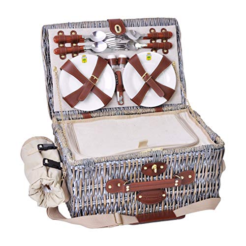 Les Jardins de la Comtesse - Angers Willow Picnic Basket - Complete for 4 People - Cooler Compartment - Ceramic Plates and Wine Glasses/Bottle Holder - Cream Fabric - 46 x 31 x 22 cm