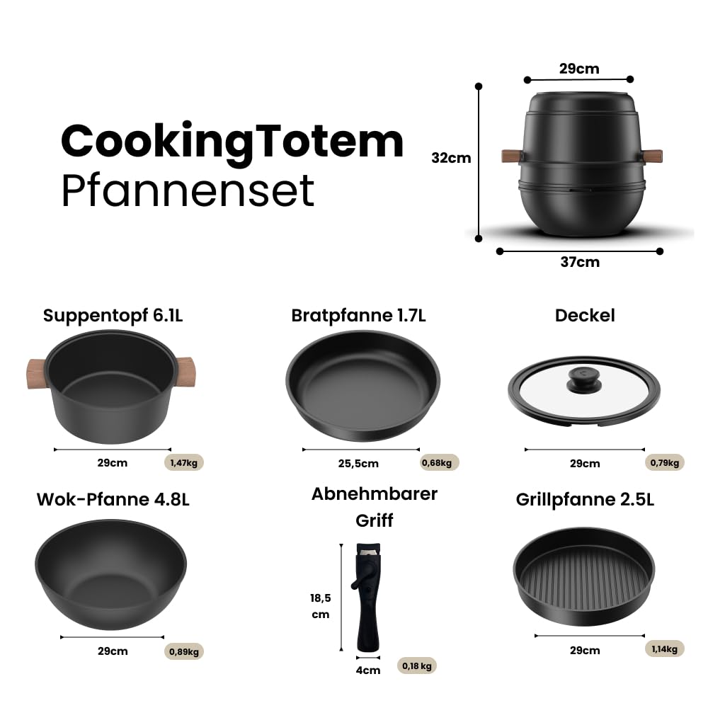 CookingTotem® Luxury Induction Cookware Set - Stackable set with ceramic non-stick coating, removable handle, oven safe, pot set, pots & pans set, PFAS-free, coated cookware.
