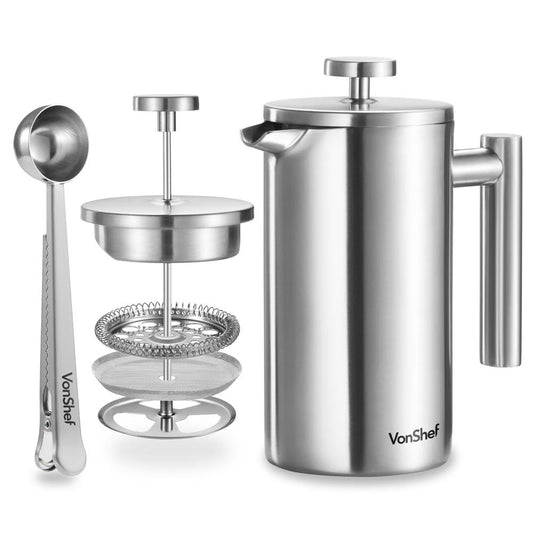 From the VonShef Stainless Steel French Press for 6 cups, 800ml - Double-walled coffee maker with measuring spoon/bag sealer, dishwasher-safe French Press thermos with plunger.