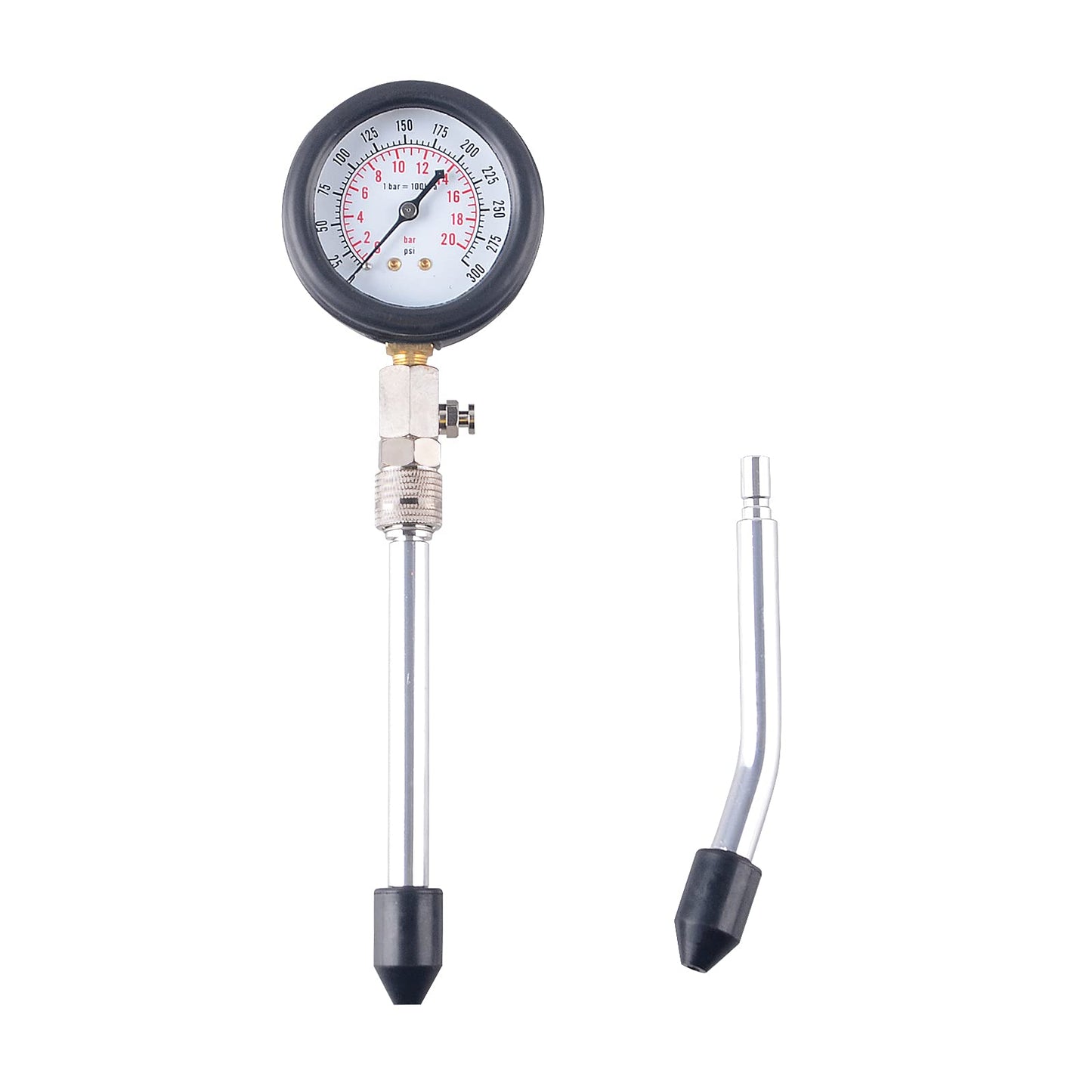 DAYUAN compression tester set for checking engine compression in vehicles. Compatible with M10, M12, M14, and M18 threads, with a range of 0-20 bar & 0-300 psi.