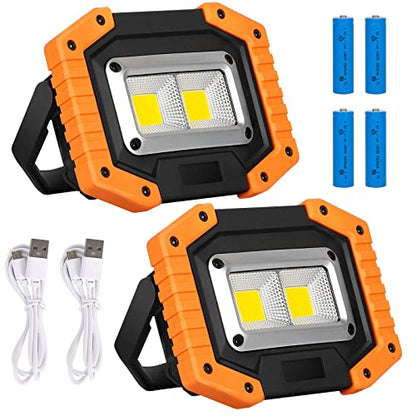 Lyneun LED work light 30W, portable spotlight with 4*18650mAh battery, IP65 waterproof camping lamp with USB rechargeable for camping, fishing, workshop, construction site (Yellow) 2 pack