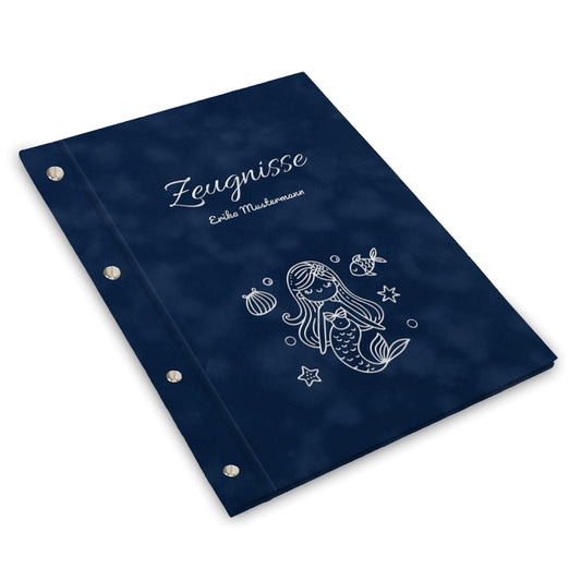 Customizable test report folder in blue velvet look with own name and design - incl. 12 document sleeves - Silver print with personalized design design.