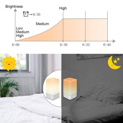 Wake-up light alarm clock, Finether Sunrise alarm clock with 5 nature sounds, USB rechargeable night light touch control lamp.