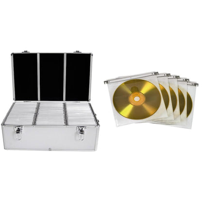 MediaRange 500-disc archive case, aluminum look, with suspension pockets, silver & Hama CD double protective sleeves (for 100 CDs/DVDs/Blu-rays, for hanging folders) 50-pack, white.