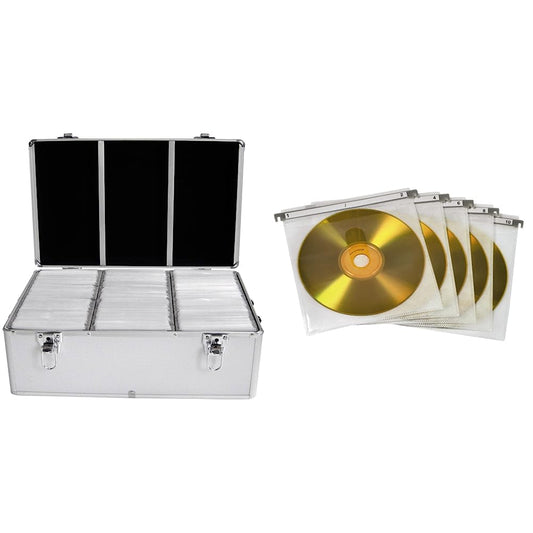 MediaRange 500-disc archive case, aluminum look, with suspension pockets, silver & Hama CD double protective sleeves (for 100 CDs/DVDs/Blu-rays, for hanging folders) 50-pack, white.