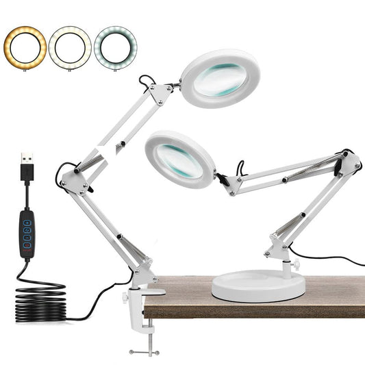 LED magnifying lamp, workplace light, 8 diopter magnifier with light - with clamp & stand, swivel arm, dimmable, 3 color modes, magnifier for reading, crafting - 8x magnification (white)