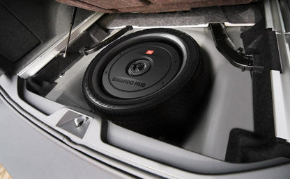 JBL BassPro Hub 11" Spare Tire Active Subwoofer Set - 300 Watt car subwoofer with built-in amplifier and fiberglass woofer for spare tire hub, Black