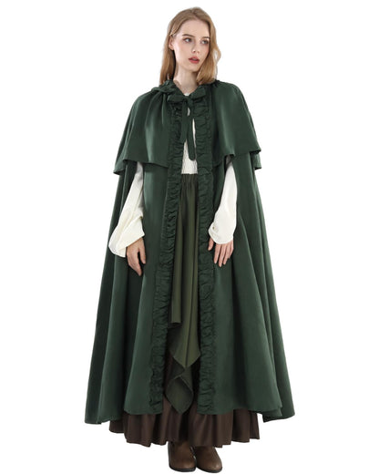 Fiamll Medieval Cloak Women Hooded Coat with Cuff Solid Color Trenchcoat Renaissance Vampire Cloak Gothic Cosplay Cape Carnival Costume Green S