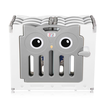 Baby Vivo Playpen Folding Playard Baby Safety Gate Playpen Fence Playpen for Kids made of plastic with door and toys 14 elements in grey - Owl