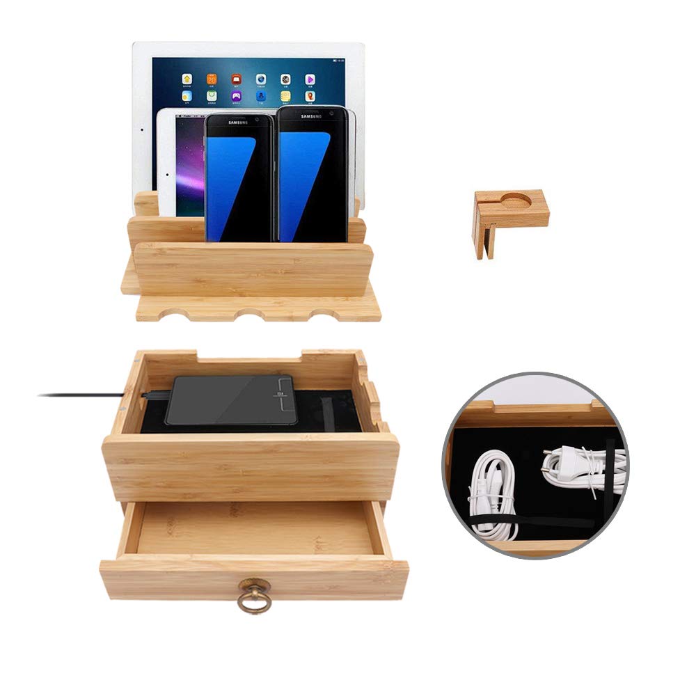 iCozzier 4 Slot Detachable Bamboo Watch Stand With Drawer Charging Station for Multiple Devices Dock for iWatch, Smartphones, Tablets, Laptops