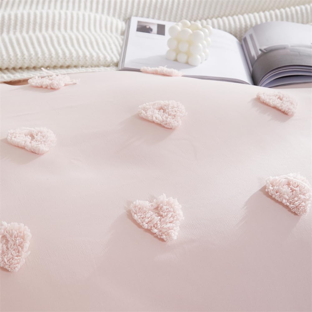 Freyamy Bohemian bedding set 135x200cm 2-piece Pink Tufted Heart Boho bedding Embroidery Shabby Chic bedding sets Microfiber Soft duvet cover with zipper and pillowcase 80x80cm