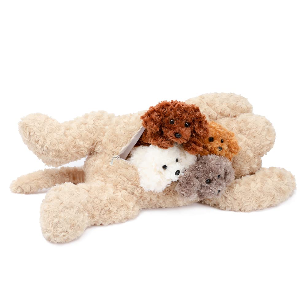 MorisMos XXL dog plush toy with 4 babies in the belly, large dog stuffed animal cuddly toy, giant dog pillow toy gift