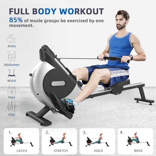 Neezee rowing machine with 16-level magnetic resistance, super quiet rowing machine with LCD display, aluminum slide rail and tablet holder, upgraded home rowing machine, black.