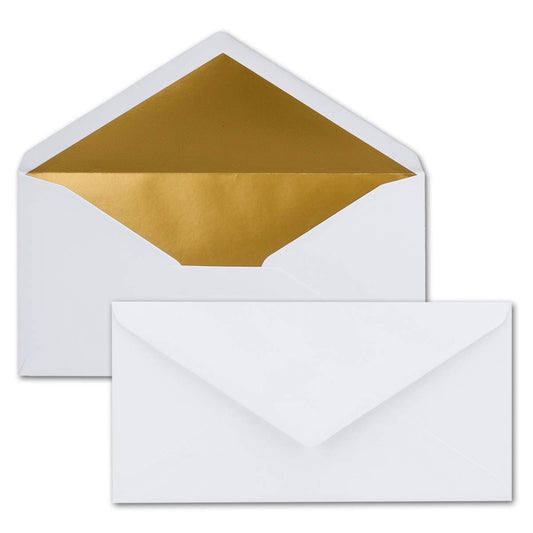 25 envelopes size DIN Long - White with gold metallic inner lining - 110 x 220 mm - wet adhesive - festive envelopes for Christmas