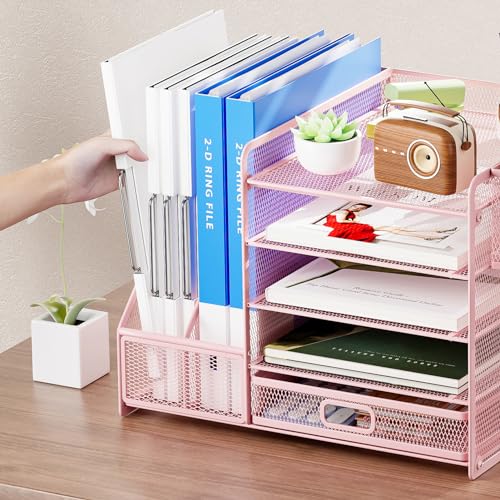 Marbrasse Desk Organizer with File Holder, 5 Compartments, Paper and Letter Tray, with Drawer and 2 Pen Holders, Mesh, Storage with Magazine Rack for Office Supplies, Pink