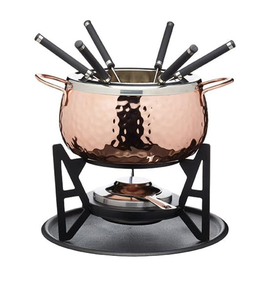 Artesà Fondue Set with 6 forks and stainless steel pot, ceramic bowl, metal stand and burner, for chocolate, cheese, or meat.