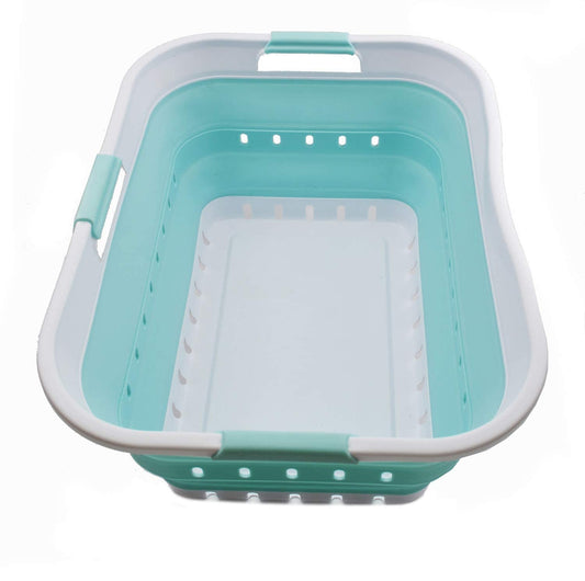 SAMMART 42L Collapsible Plastic Laundry Basket - Foldable Pop Up Storage Container/Organizer - Space Saving Hamper/Basket (White/Lake Green, 1)