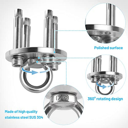 SWAWIS Heavy Duty Ceiling Hook for Hanging Chairs, Swivel Hook for 360° Rotation with a Weight Capacity of up to 500kg. Made of 304 Stainless Steel, suitable for wooden beams, punching bag mounts, and hammocks.