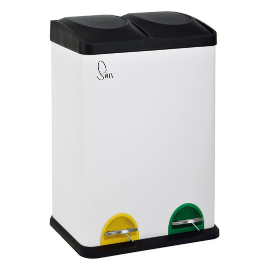 SVITA TC2X20 Kitchen Bin 40L Capacity 2x20L Trash Bin 2 Compartment Garbage Can Waste Separation Step Bin Steel White