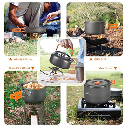 Overmont Camping Cookware Set outdoor dish set pot set picnic pot with coffee pot tea pot aluminum for 3-4 people.