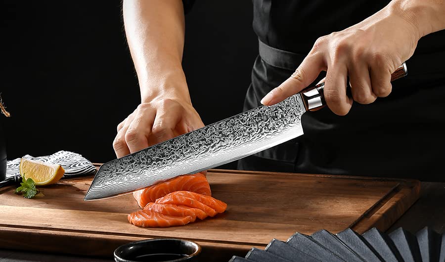 FANTECK 24cm Kiritsuke Damascus Knife Chef Knife Sharp Professional Chefmade Meat Fruit Gyuto Utility Knife 67 Layers VG-10 Damascus Steel Kitchen Knife [Gift Box] with Ergonomic Pakkawood Handle