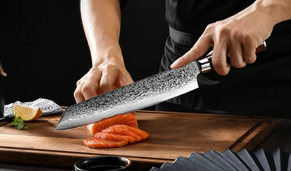 FANTECK 24cm Kiritsuke Damascus Knife Chef Knife Sharp Professional Chefmade Meat Fruit Gyuto Utility Knife 67 Layers VG-10 Damascus Steel Kitchen Knife [Gift Box] with Ergonomic Pakkawood Handle