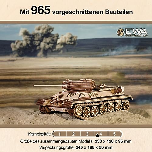 EWA Eco-Wood-Art 3D Puzzle for Adults 3D wooden puzzle with rubber band motor, wheels, and rotating cannon 965 pieces DIY wooden tank model kit T-34-85 for adults and teenagers 14+