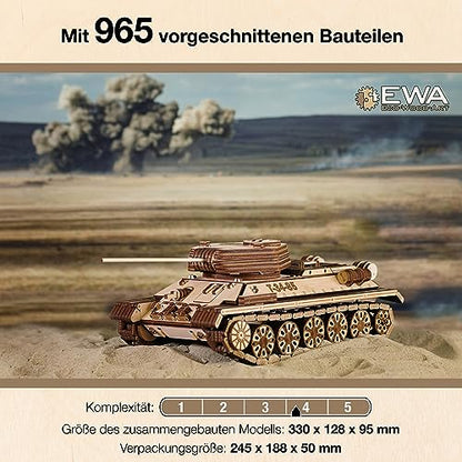 EWA Eco-Wood-Art 3D Puzzle for Adults 3D wooden puzzle with rubber band motor, wheels, and rotating cannon 965 pieces DIY wooden tank model kit T-34-85 for adults and teenagers 14+